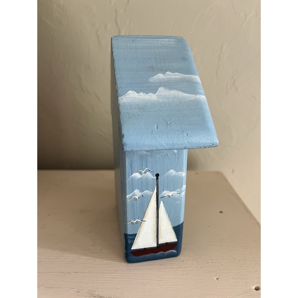 Lighthouse Painted Birdhouse Wood Figure Coastal Nautical Shelf Sitter Decor 5" - Picture 3 of 13